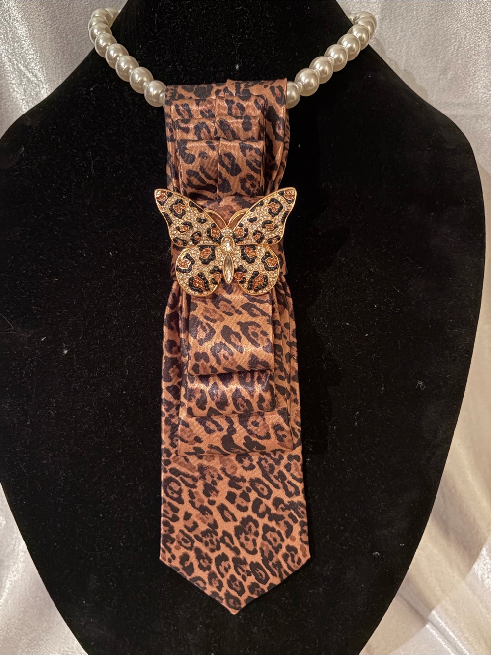 Leopard Print Necklace Tie with Gold-tone Butterfly Accent - Brown